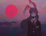  1girl animal_ears black_jacket breast_pocket buttons cloud cloudy_sky collared_shirt crescent crescent_moon crescent_pin dripping glowing glowing_eyes jacket long_hair long_sleeves looking_up melting messy_hair moon mountain n0een necktie no_mouth pale_skin pin pocket psychedelic purple_hair rabbit_ears rabbit_girl red_eyes red_necktie reisen_udongein_inaba shirt sky sun sunset third-party_source touhou very_long_hair white_fur white_shirt 
