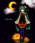  black_background bow bowtie crescent_moon food_themed_hair_ornament green_eyes green_hair hair_ornament halloween hatsune_miku jack-o'-lantern kadu long_hair moon night pumpkin pumpkin_hair_ornament solo striped striped_legwear thighhighs trick_or_treat twintails very_long_hair vocaloid 