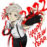  1boy black_gloves black_necktie black_pants bungou_stray_dogs closed_mouth full_body gloves grey_hair highres looking_at_viewer mari_(marimaripink) nakajima_atsushi_(bungou_stray_dogs) necktie outstretched_hand pants shirt smile solo twitter_username white_shirt yellow_eyes 