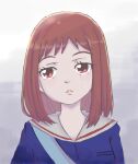  1girl brown_eyes flcl lips long_hair long_sleeves looking_at_viewer nezumimaro open_mouth red_hair sailor_collar samejima_mamimi school_uniform serafuku simple_background solo 