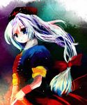  blue_eyes hat kazu_(muchuukai) long_hair solo touhou very_long_hair white_hair yagokoro_eirin 