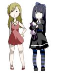  bad_id bad_pixiv_id black_dress blonde_hair bow bracelet dress earrings gothic_lolita hair_bow honekoneko_(psg) jewelry lolita_fashion multicolored_hair multiple_girls necklace panty_&amp;_stocking_with_garterbelt panty_(psg) parody red_dress short_dress skirt stocking_(psg) striped striped_legwear stuffed_animal stuffed_cat stuffed_toy style_parody thighhighs two-tone_hair 