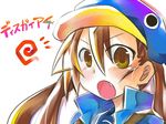  bad_id bad_pixiv_id blue_hat brown_eyes brown_hair disgaea fang hat jacket jingasaki kazamatsuri_fuuka long_hair makai_senki_disgaea_4 prinny school_uniform solo spiral twintails 