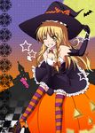  blonde_hair braid candy food gloves grin halloween hat highres jack-o'-lantern kawazuishi kirisame_marisa long_hair multicolored multicolored_clothes multicolored_legwear one_eye_closed pumpkin smile solo striped striped_legwear thighhighs touhou witch_hat yellow_eyes 