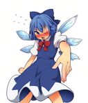  aki_(akikaze_asparagus) blue_eyes blue_hair blush bow cirno dress face foreshortening hair_bow hands one_eye_closed short_hair solo touhou wings 