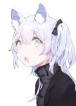  1girl :o animal_ear_fluff animal_ears aqua_eyes black_bow black_jacket bow cat_ears character_request copyright_request fifuth grey_shirt hair_bow jacket long_hair looking_at_viewer no_pupils open_mouth shirt side_ponytail simple_background solo upper_body white_background white_hair 