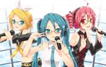  aqua_nails bare_shoulders bespectacled blonde_hair blue-framed_eyewear chun_(friendly_sky) crossover detached_sleeves drill_hair glasses green_eyes hair_ornament hairclip hatsune_miku headphones kagamine_rin kasane_teto long_hair looking_at_viewer microphone multiple_girls music nail_polish open_mouth perfume pink_hair red-framed_eyewear red_eyes red_nails short_hair singing twin_drills twintails utau v v_over_eye vocaloid vocaloid_(lat-type_ver) 