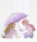  2girls backpack bag barefoot boots dog_tail highres holding holding_umbrella inukai_iroha inukai_komugi ji-ma long_hair multiple_girls precure randoseru rubber_boots scene_reference tail torn_clothes umbrella wonderful_precure! 