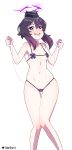  1girl absurdres bikini blue_archive blush bright_pupils commentary_request ddeshiro drooling garrison_cap hair_between_eyes hair_ornament hairclip halo haruka_(blue_archive) hat heart heart-shaped_pupils highres horns long_hair looking_at_viewer navel nipple_stimulation open_mouth purple_bikini purple_eyes purple_hair purple_halo remote_control_vibrator sex_toy solo swimsuit symbol-shaped_pupils transparent_background twitter_username vibrator vibrator_on_nipple vibrator_under_clothes 