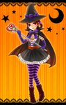  boots brown_hair chinchikooru_(pixiv) doujima_nanako halloween hat highres persona persona_4 red_eyes solo striped striped_legwear thighhighs wand witch witch_hat 