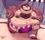 anthro armpit_fetish barefoot bear beard belly bodily_fluids bracelet brown_body brown_fur brown_hair clothing detailed_background facial_hair feet fur hair hi_res jewelry kofu_(character) kofu_grizzly_chubby male mammal musk musk_clouds nipples overweight pubes red_hair smile sumo sumo_ring sumo_wrestler sweat underwear ursine