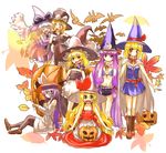  alice_margatroid asakura_rikako bad_id bad_pixiv_id bat bikini_top blonde_hair boots braid cape cross-laced_footwear culter denim denim_shorts ellen glasses green_eyes halloween hat highres jack-o'-lantern jetpack kirisame_marisa lace-up_boots loafers long_hair mai_(touhou) multiple_girls pantyhose patchouli_knowledge pumpkin purple_eyes purple_hair shoes shorts top_hat touhou touhou_(pc-98) wings witch_hat yuki_(touhou) 