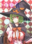  blouse breasts candy cape food green_hair halloween hane_(hanegoya) hat kazami_yuuka large_breasts lollipop plaid plaid_vest red_eyes short_hair smile solo swirl_lollipop touhou trick_or_treat upper_body vest witch_hat 
