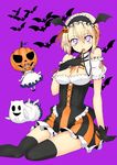  alice_margatroid alternate_costume alternate_hairstyle apron arm_support bare_shoulders bat bat_wings black_legwear blonde_hair breasts capelet cleavage corset doll dress finger_licking gloves glowing glowing_eyes hairband halloween head_tilt head_wings hourai_doll jack-o'-lantern licking looking_at_viewer medium_breasts naughty_face open_mouth pumpkin purple_background purple_eyes shanghai_doll sitting solo thighhighs tongue tongue_out touhou uro wide_hips wings yokozuwari zettai_ryouiki 