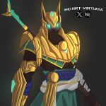 anthro armor badartvirtuoso canid canine canis domestic_dog glowing glowing_eyes gold_(metal) hi_res jewelry league_of_legends male mammal nasus_(lol) riot_games simple_background solo weapon