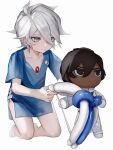  1boy aged_down arjuna_(fate) balloon barefoot blue_eyes character_doll child fate/grand_order fate_(series) full_body hair_between_eyes hospital_gown karna_(fate) kneeling looking_at_doll male_focus pale_skin playing short_hair tokaoioi1 white_background white_hair 