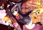  animal_ears black_hair blonde_hair blush brown_hair cape cat_ears cat_tail chibi food halloween hat highres hirasawa_yui jumping k-on! kokumu kotobuki_tsumugi long_hair multiple_girls nakano_azusa pumpkin purple_eyes school_uniform skirt tail tainaka_ritsu taiyaki twintails wagashi witch_hat 