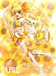  blonde_hair boots bow character_name choker copyright_name cure_sunshine dress earrings flower hair_ribbon heartcatch_precure! instrument jewelry knee_boots light_rays long_hair magical_girl midriff myoudouin_itsuki orange_bow orange_choker potpourri_(heartcatch_precure!) precure ribbon sekken_kasu_barrier shiny_tambourine sunbeam sunlight tambourine twintails yellow yellow_background yellow_bow yellow_eyes 