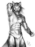 2013 anthro bottomwear canid clothed clothing dated front_view hair hi_res khyaber loincloth looking_at_viewer male mammal monochrome mouth_closed portrait pose signature simple_background solo standing three-quarter_portrait topless