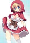  bad_id bad_pixiv_id blonde_hair blue_eyes blush breasts capelet cleavage dress dress_lift grimm's_fairy_tales hood little_red_riding_hood little_red_riding_hood_(grimm) medium_breasts original panties pantyshot red_capelet short_hair solo thighhighs underwear white_legwear white_panties yukiwo 