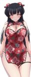  1girl absurdres alternate_costume black_hair black_panties blush breasts bun_cover china_dress chinese_clothes cleavage cleavage_cutout clothing_cutout double_bun dress floral_print hair_bun highres idolmaster idolmaster_shiny_colors kyana_(5024777) large_breasts long_hair looking_at_viewer mayuzumi_fuyuko panties pelvic_curtain simple_background smile solo thigh_strap underwear very_long_hair white_background 