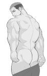  1boy arms_at_sides ass back_muscles bara blush clothes_pull from_behind greyscale highres kansuke_(kansuke_717) live_a_hero male_focus medium_sideburns monochrome muscular muscular_male pants pants_pull shaft_(live_a_hero) short_hair solo standing sweatdrop thick_eyebrows thick_thighs thighs topless_male undercut undressing 