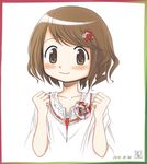  aoki_ume_(style) blush border brown_eyes brown_hair dated flower hair_flower hair_ornament parody real_life seiyuu short_hair simple_background solo style_parody taisa_(taisa_is_dead) toyosaki_aki 