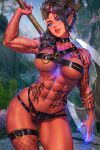  1girl abs arm_tattoo asymmetrical_hair aura axe baldur&#039;s_gate baldur&#039;s_gate_3 belt_bra blue_fire breasts broken_horn colored_skin demon_girl demon_horns dungeons_and_dragons fire fishnet_thighhighs fishnets glowing glowing_eyes highres holding holding_axe horns karlach large_breasts muscular muscular_female navel neoartcore panties pointy_ears red_skin sidecut single_thighhigh solo standing stomach stomach_tattoo studs tattoo thighhighs thighs tiefling tongue tongue_out undercut underwear 