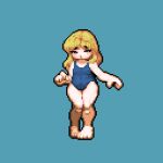  1girl blonde_hair blue_background blue_one-piece_swimsuit commentary_request cookie_(touhou) covered_navel flat_chest full_body kirisame_marisa long_hair looking_at_viewer one-piece_swimsuit open_mouth pigeon-toed pixel_art red_eyes simple_background solo suzu_(cookie) swimsuit tonchamon_san touhou 
