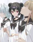  3girls animal_ears black_bow black_bowtie black_choker black_hair black_sailor_collar blonde_hair blue_hair blurry blurry_foreground bow bowtie choker closed_mouth commentary cup double_bun dress drinking drinking_glass expressionless faceless faceless_female hair_between_eyes hair_bun holding holding_cup long_hair looking_at_viewer multiple_girls original oto1_030 pill red_eyes sailor_collar sailor_dress short_hair solo_focus symbol-only_commentary twintails upper_body white_dress 