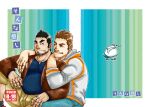  2boys arm_around_shoulder bara beard_stubble belly black_hair brown_hair couple cover cover_page doujin_cover facial_hair feet_out_of_frame hand_on_another&#039;s_shoulder leaning_on_person male_focus mature_male medium_sideburns moritas_(mochi_m) multiple_boys mustache_stubble old old_man original plump short_hair sideburns_stubble smile spiked_hair stubble thick_eyebrows v-shaped_eyebrows yaoi yarofes:2017 