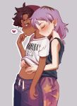  2girls amity_blight beanie blush brown_hair closed_eyes clothes_lift couple dark-skinned_female dark_skin eyebrow_cut hat heart highres hug hug_from_behind kiss kissing_neck luz_noceda multiple_girls navel pointy_ears purple_hair shirt_lift simple_background spoken_heart stomach sweat tank_top the_owl_house yakiti yuri 