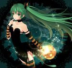  bad_id bad_pixiv_id bracelet choker cityscape detached_sleeves garter_straps green_eyes green_hair halloween hatsune_miku highres jack-o'-lantern jewelry lace lace-trimmed_thighhighs long_hair night ouka_mai pumpkin solo striped striped_legwear thighhighs twintails very_long_hair vocaloid 