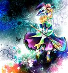  blonde_hair blue_eyes braid broom bug butterfly colorful from_behind hat insect kazu_(muchuukai) kirisame_marisa looking_back side_braid solo star touhou wavy_hair wings witch_hat wrist_cuffs 