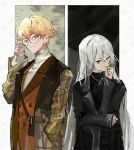  1boy 1girl black_coat black_sweater blonde_hair blue_eyes brown_coat brown_vest closed_mouth coat glasses hand_up highres jewelry long_hair looking_at_viewer necklace project_sekai pyongtaro round_eyewear sweater tenma_tsukasa upper_body very_long_hair vest white_hair white_sweater wing_collar yellow_eyes yoisaki_kanade zozotown 