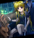  arf bardiche blonde_hair casual child fate_testarossa hair_ribbon highres long_hair lyrical_nanoha mahou_shoujo_lyrical_nanoha mahou_shoujo_lyrical_nanoha_the_movie_1st mutsuki_(moonknives) red_eyes ribbon smile twintails 