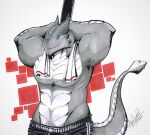 abs aliensymbol anthro artist_name barazoku biceps big_muscles blue_eyes clothing dancing dragon front_view grey_body hi_res kardukk kobold male multicolored_body muscular muscular_anthro muscular_male pecs pole pole_dancing pose reptile scalie shaded signature simple_background standing teasing towel traditional_media_(artwork) two_tone_body white_body