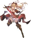  1girl black_thighhighs blonde_hair boots bow breasts cleavage dress full_body gauntlets granblue_fantasy granblue_fantasy_versus:_rising hair_bow highres holding holding_sword holding_weapon knee_boots long_hair looking_at_viewer minaba_hideo official_art ponytail red_eyes sheath short_dress skirt smile solo sword thighhighs transparent_background vira_(granblue_fantasy) weapon zettai_ryouiki 