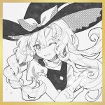  1girl braid breasts chinese_commentary commentary_request greyscale grin hat jian_xing_zao kirisame_marisa long_hair monochrome one_eye_closed puffy_short_sleeves puffy_sleeves screentones shirt short_sleeves small_breasts smile solo touhou vest witch_hat 