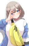  1girl absurdres blue_eyes blue_jacket blush breasts fanny_pack grey_hair hand_glasses head_tilt highres idolmaster idolmaster_shiny_colors jacket kyana_(5024777) looking_at_viewer medium_breasts serizawa_asahi shirt solo upper_body white_shirt 