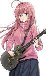  1girl ahoge black_skirt blush bocchi_the_rock! closed_mouth commentary_request cosplay crossed_bangs electric_guitar gotoh_hitori gotoh_hitori_(cosplay) guitar hair_between_eyes hair_intakes hands_up highres holding holding_plectrum instrument jacket koyuki_(kotatsu358) long_hair long_sleeves looking_at_viewer neet_de_otaku_na_kunoichi_to_naze_ka_dousei_hajimemashita pink_hair pink_jacket plectrum purple_eyes shizuri_(neet_de_otaku_na_kunoichi_to_naze_ka_dousei_hajimemashita) simple_background skirt solo track_jacket white_background 