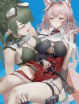  2girls absurdres animal_ear_fluff animal_ears arknights breasts carrying closed_eyes closed_mouth gavial_(arknights) gavial_the_invincible_(arknights) goggles goggles_on_head green_hair hair_intakes high-waist_skirt highres large_breasts long_hair mask mask_around_neck multiple_girls open_mouth pink_eyes pink_hair pointy_ears pozyomka_(arknights) princess_carry red_skirt skirt smile susukawa_(susucawa) thigh_pouch wolf_ears wolf_girl 