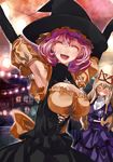  ^_^ alternate_costume armpits arms_up black_dress blonde_hair blush breasts cleavage closed_eyes costume dress drooling hair_ribbon halloween hat large_breasts long_hair multiple_girls no_hat no_headwear open_mouth pink_hair purple_dress ribbon saigyouji_yuyuko short_hair smile touhou witch_hat yakumo_yukari yohane 