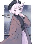  ahoge alternate_costume beret black_shirt blue_eyes blush border casual coat grey_background grey_eyes gundam gundam_suisei_no_majo hat highres jacket long_hair long_sleeves miorine_rembran mizuno374 outdoors shirt skirt smile snow white_border winter_clothes 