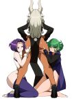  3girls :o absurdres animal_ears ass ass_worship bare_hips bare_legs bare_shoulders black_dress black_footwear black_leotard boku_no_hero_academia breasts cape cosplay costume_switch crescent_print crossover dark-skinned_female dark_skin dc_comics dress english_commentary facing_away flipped_hair forehead_jewel gloves green_eyes green_hair hand_on_another&#039;s_ass hands_on_own_hips high_heels highleg highleg_leotard highres kneeling large_breasts leotard lixiart long_hair long_sleeves looking_at_another looking_at_viewer mirko multiple_girls one-punch_man parted_bangs parted_lips pelvic_curtain purple_cape purple_eyes purple_hair purple_thighhighs rabbit_ears rabbit_girl rabbit_tail raven_(dc) short_hair sleeveless_turtleneck_leotard smile tail tail_through_clothes tatsumaki thighhighs thighs white_background white_gloves white_hair white_leotard 