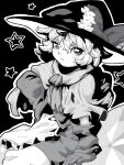  1girl alternate_design apron bow capelet closed_mouth commentary_request cookie_(touhou) cowboy_shot frown gloves greyscale hair_between_eyes hat hat_bow kirisame_marisa long_bangs looking_at_viewer meguru_(cookie) monochrome outline scarf short_hair sitting skirt solo star_(symbol) tonchamon_san touhou waist_apron witch_hat 