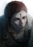  1other androgynous apex_legends bloodhound_(apex_legends) blue_eyes brown_jacket cable daichi_midori facepaint hair_behind_ear hair_between_eyes jacket looking_ahead realistic red_hair scar short_hair v-shaped_eyebrows white_background 