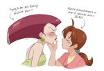 2girls absurdres blush brown_hair closed_eyes delia_ketchum english_text hasn&#039;t_kissed_anyone_ever_vs_expecting_a_kiss_with_tongue_(meme) highres imminent_kiss jessie_(pokemon) kiana_mai long_hair meme multiple_girls open_mouth parted_lips pokemon pokemon_(anime) pursed_lips red_hair yuri 