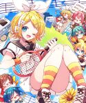  1girl backpack bag black_footwear black_sailor_collar blue_eyes bow building cellphone chibi chibi_inset flower glowstick grass hair_bow hair_flower hair_ornament hatsune_miku headphones highres holding_tennis_racket kagamine_len kagamine_rin kaho_0102 kaito_(vocaloid) megurine_luka meiko_(vocaloid) musical_note neckerchief one_eye_closed open_mouth orange_socks phone pleated_skirt racket randoseru red_bag sailor_collar school_uniform serafuku skirt sky skyscraper smartphone smile socks striped_clothes striped_socks sunflower tennis_racket thighs vocaloid white_bow white_flower white_headphones white_neckerchief white_serafuku white_skirt yellow_socks 