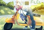  1girl denim flcl guitar haruhara_haruko highres instrument irreligiositat jeans motor_vehicle pants photo-referenced pink_hair scooter short_hair solo tree vespa white_footwear 